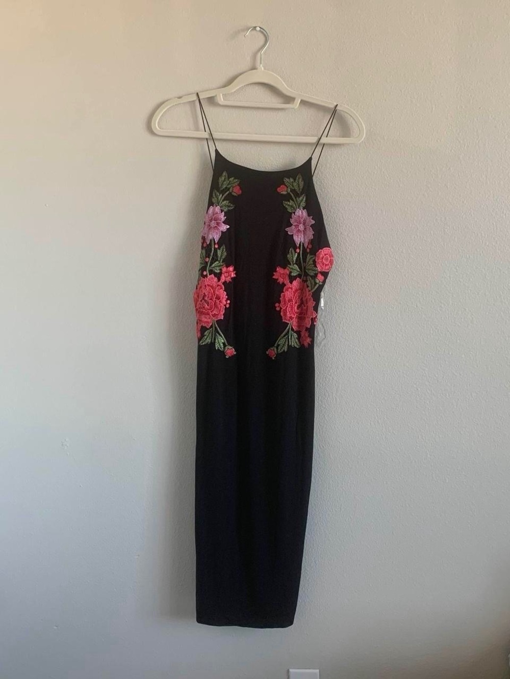 Black Midi Slip Dress with Pink Floral Embroidery